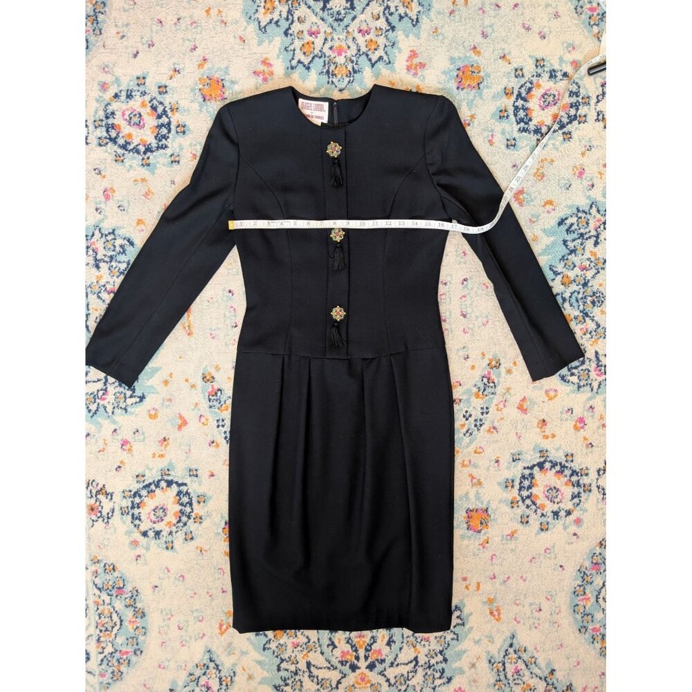 Vintage Maggy London Black Wool Dress W/ Embellished Appliques & Tassels - 4 - Picture 6 of 10